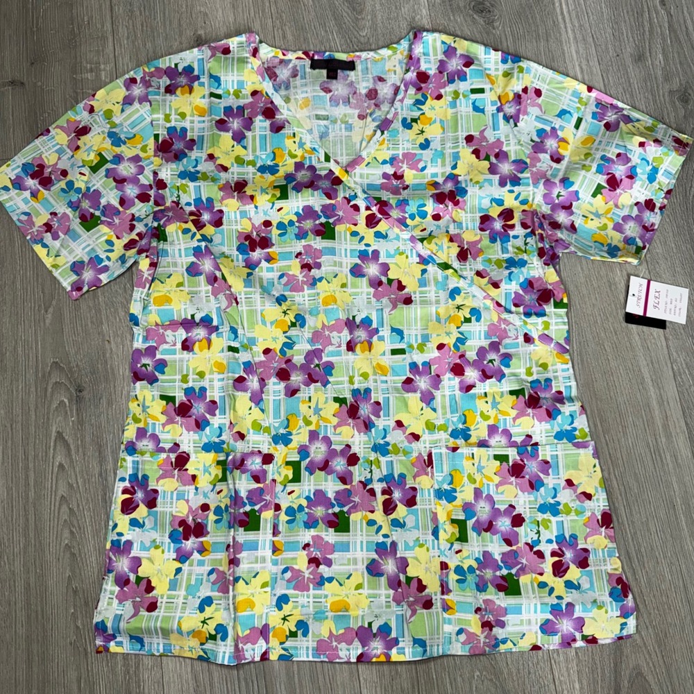 Flex Stretch Floral Mock Wrap Scrub Top Violet Plaid Medical Uniform Med NEW